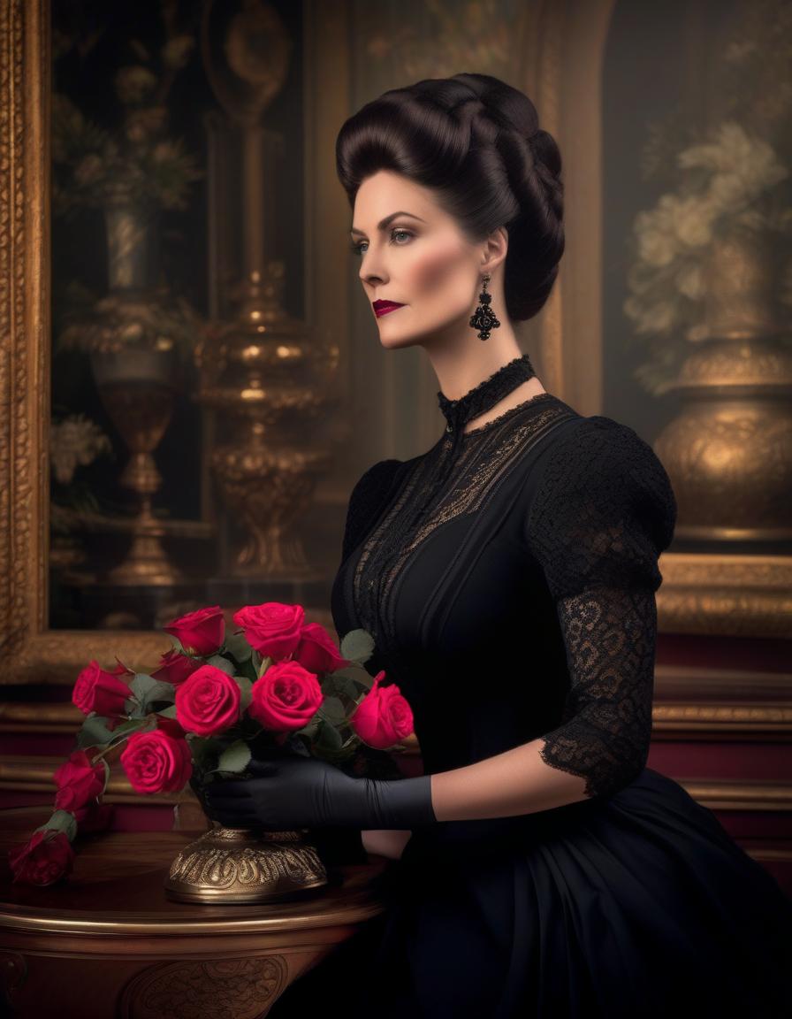  Victorian beauty in mourning wearing black dress with a bunch of aurans, roses in a vase from the 1870s. hyperrealistic, full body, detailed clothing, highly detailed, cinematic lighting, stunningly beautiful, intricate, sharp focus, f/1. 8, 85mm, (centered image composition), (professionally color graded), ((bright soft diffused light)), volumetric fog, trending on instagram, trending on tumblr, HDR 4K, 8K