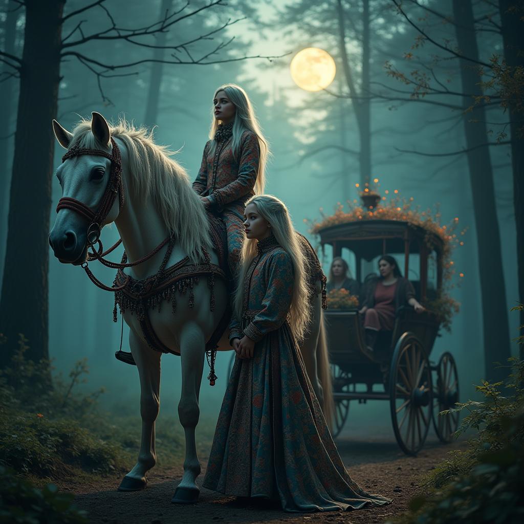  good quality, high quality, create a dreamlike scene where a with flowing silver hair, dressed in ornate, colorful bohemian garments, stands beside her elaborately decorated horse in a moonlit, misty forest. the girl and the horse appear as ethereal, almost otherworldly figures, both adorned with intricate patterns, beads, and textures. behind her, the forest seems to blend into her form, as if her silhouette and the landscape are one. the trees, moonlight, and mist fill her shape, creating a fusion of nature and figure. the horse’s flowing mane and the carriage in the background become intertwined with elements of the forest, with nches and leaves sprouting seamlessly from their bodies. the scene evokes a mystical connectio