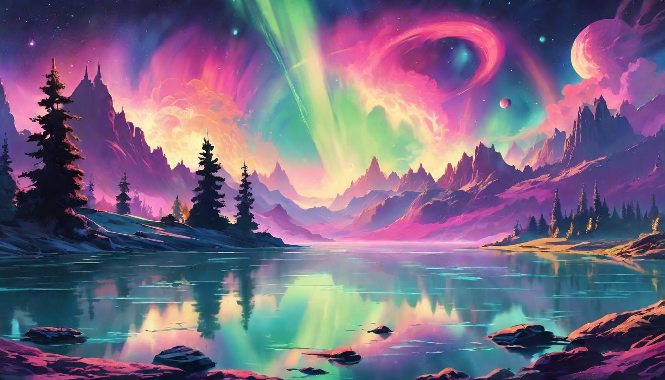  retro futuristic Vivid auroras swirling above a tranquil lake, reflecting cosmic energy fluctuations as visible spectacles, mesmerizing, powerful, transformative lvintage sci fi, 50s and 60s style, atomic age, vibrant, highly detailed