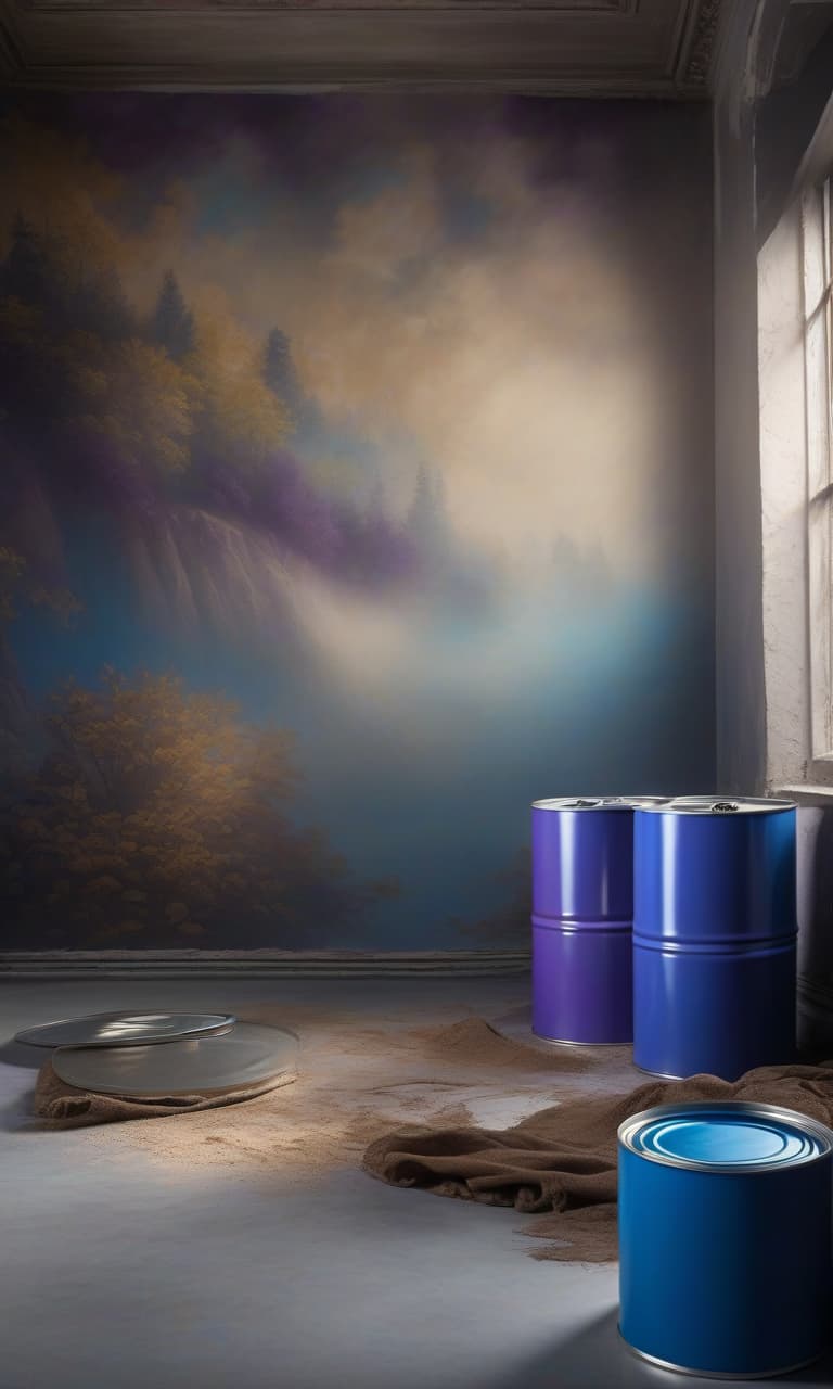  Realistic photo of a mural in shades of blue, beige, and purple on a light wall. Painted brushes and cans of blue, beige, and purple paint. hyperrealistic, full body, detailed clothing, highly detailed, cinematic lighting, stunningly beautiful, intricate, sharp focus, f/1. 8, 85mm, (centered image composition), (professionally color graded), ((bright soft diffused light)), volumetric fog, trending on instagram, trending on tumblr, HDR 4K, 8K