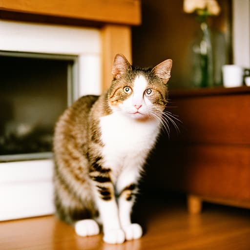 analog style "Old cat gazes toward the fireplace in a cabin."high quality