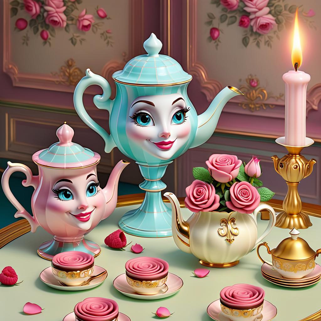  fairy tale (Background:interior). (Wallpaper):dark chocolate colour with beige monogram patterns. An antique dining table covered with a white tablecloth. On the table a gilded candlestick with a burning candle, two teapots and one cup with tea roses, plates with sponge cakes with raspberry cream. Rose petals are scattered around the set. (Tea set design): the first teapot on a high openwork leg of mint and turquoise colour, with a kind smile and blue eyes, with a blue blue wide checkerboard lid. The second teapot is pink in colour, with mother of pearl, blue eyes, with a blue pink checkered lid. (Rose cup): cream coloured with big brown eyes and a wide smile. Inside it is a bouquet of scarlet coloured tea roses. Style:anthropomorphic, fant hyperrealistic, full body, detailed clothing, highly detailed, cinematic lighting, stunningly beautiful, intricate, sharp focus, f/1. 8, 85mm, (centered image composition), (professionally color graded), ((bright soft diffused light)), volumetric fog, trending on instagram, trending on tumblr, HDR 4K, 8K