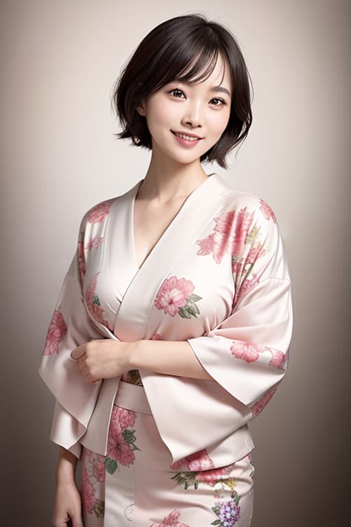  Flower pattern kimono lovely smile short hair light pink hair Almost whole body, (Masterpiece, BestQuality:1.3), (ultra detailed:1.2), (hyperrealistic:1.3), (RAW photo:1.2),High detail RAW color photo, professional photograph, (Photorealistic:1.4), (realistic:1.4), ,professional lighting, (japanese), beautiful face, (realistic face)