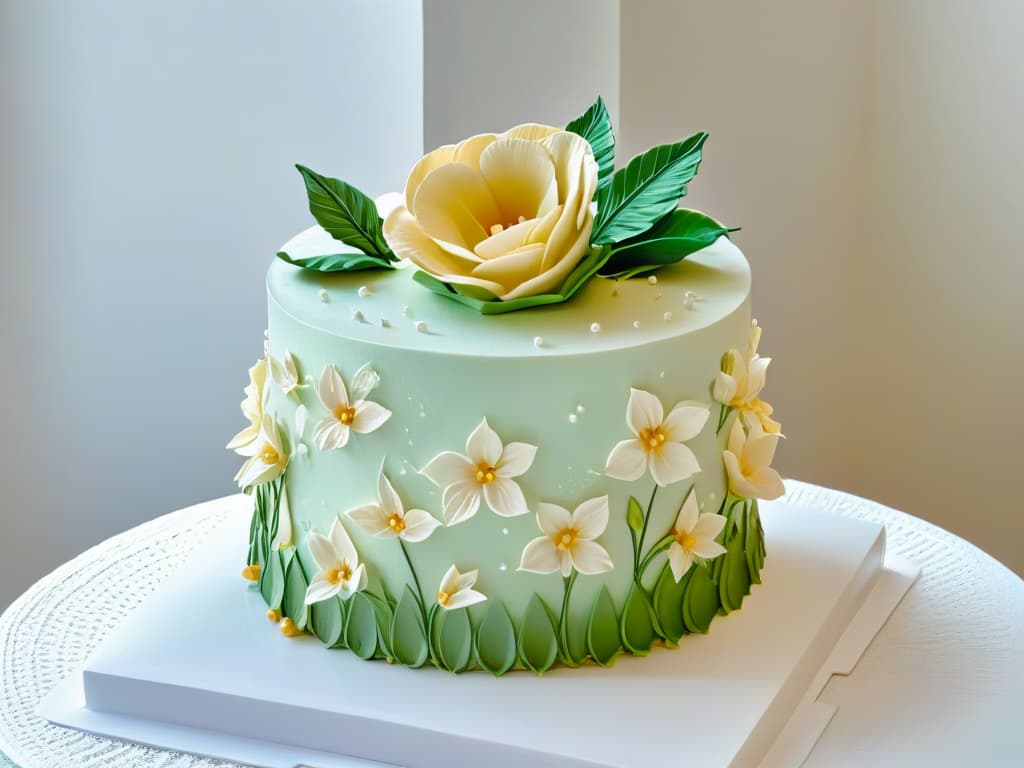  An ultradetailed image of a perfectly sculpted and intricate sugar flower arrangement atop a multitiered wedding cake. Each delicate petal and leaf is meticulously crafted with lifelike precision, showcasing various shades of pastel colors blending seamlessly together. The cake stands on a pristine white pedestal, with soft natural lighting casting gentle shadows that highlight the artistry and craftsmanship of the edible masterpiece. hyperrealistic, full body, detailed clothing, highly detailed, cinematic lighting, stunningly beautiful, intricate, sharp focus, f/1. 8, 85mm, (centered image composition), (professionally color graded), ((bright soft diffused light)), volumetric fog, trending on instagram, trending on tumblr, HDR 4K, 8K