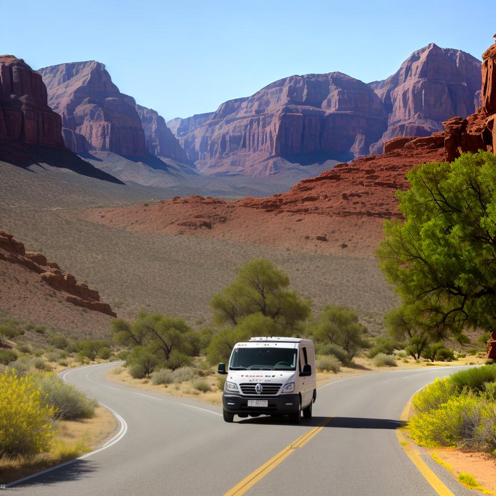  delivery van in arizona highway hyperrealistic, full body, detailed clothing, highly detailed, cinematic lighting, stunningly beautiful, intricate, sharp focus, f/1. 8, 85mm, (centered image composition), (professionally color graded), ((bright soft diffused light)), volumetric fog, trending on instagram, trending on tumblr, HDR 4K, 8K