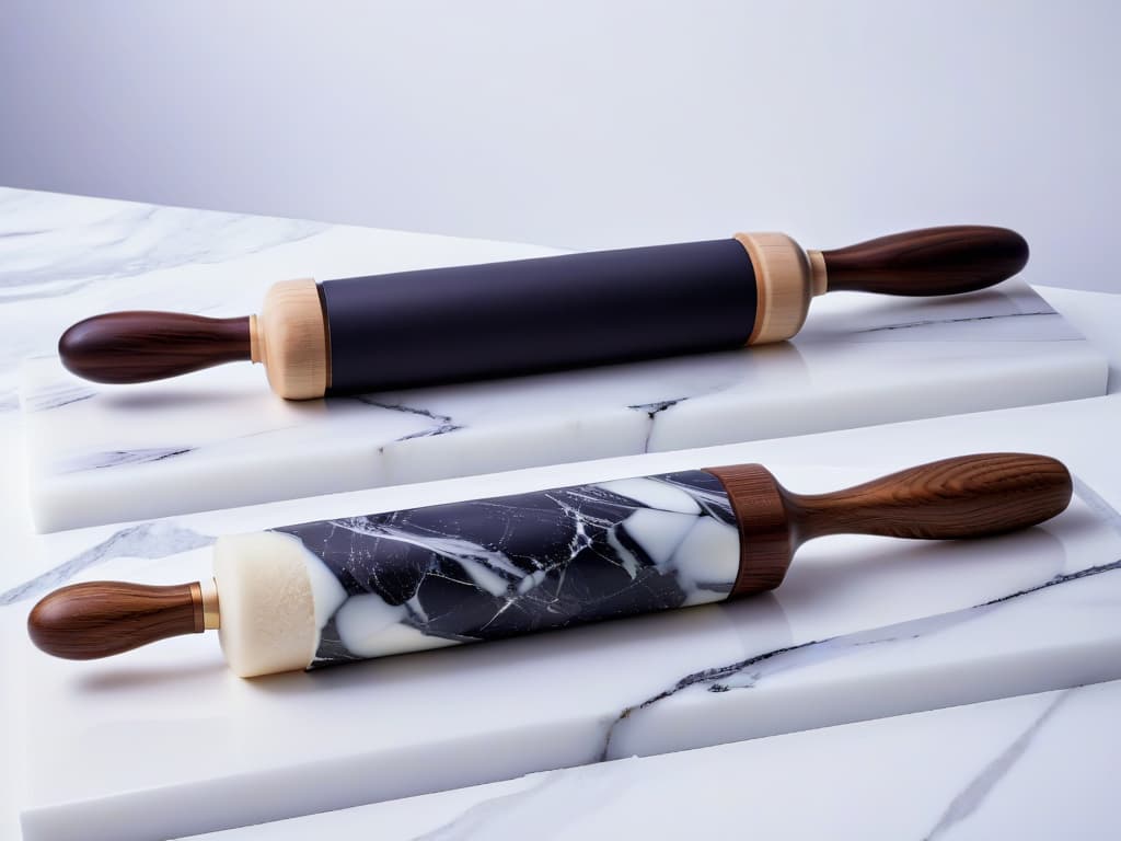  An ultrahighresolution image showcasing three beautifully crafted rolling pins side by side, each made from a different material rich dark wood, sleek white marble, and modern matte silicone. The wood exudes warmth with its intricate grain, the marble exudes elegance with its smooth surface, and the silicone exudes practicality with its flexibility. The lighting is soft, highlighting the unique textures and qualities of each material, creating a visually striking and informative composition for the audience. hyperrealistic, full body, detailed clothing, highly detailed, cinematic lighting, stunningly beautiful, intricate, sharp focus, f/1. 8, 85mm, (centered image composition), (professionally color graded), ((bright soft diffused light)), volumetric fog, trending on instagram, trending on tumblr, HDR 4K, 8K