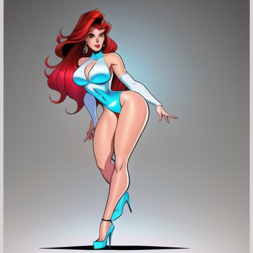  full body view, Jessica Rabbit beautiful charismatic ,athletic body, gorgeous figure, interesting shapes, full body shot, dark eye makeup, --ar 51:91, , front of hair hiding one side of face including eye from sight of view, half face visible due to hair blocking from viewable ability, full body, side face view, full body, , Comic art, high quality, highly detailed, intricate, sharp focus, (centered image composition), (professionally color graded), ((western omit style)), volumetric fog, trending on instagram, HDR 4K, 8K