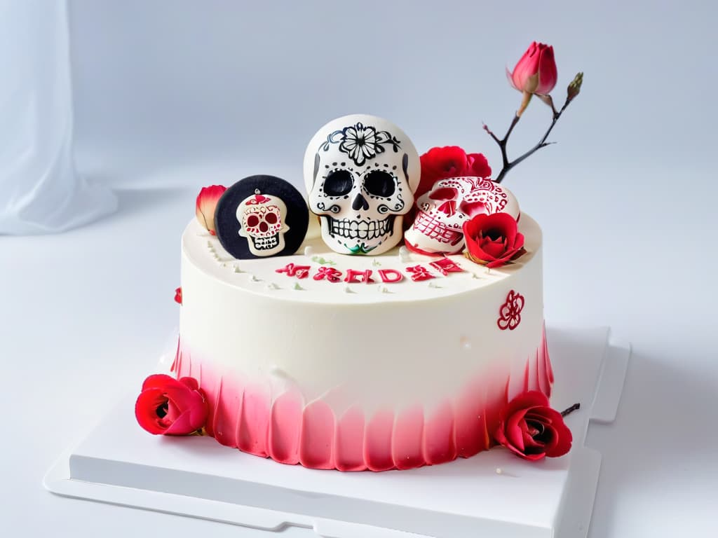  An 8k ultradetailed image of a beautifully intricate cake, combining elements from various cultures such as Japanese cherry blossoms, Mexican sugar skulls, Indian henna designs, and French macarons, all elegantly crafted and harmoniously blending together on a pristine white background. hyperrealistic, full body, detailed clothing, highly detailed, cinematic lighting, stunningly beautiful, intricate, sharp focus, f/1. 8, 85mm, (centered image composition), (professionally color graded), ((bright soft diffused light)), volumetric fog, trending on instagram, trending on tumblr, HDR 4K, 8K