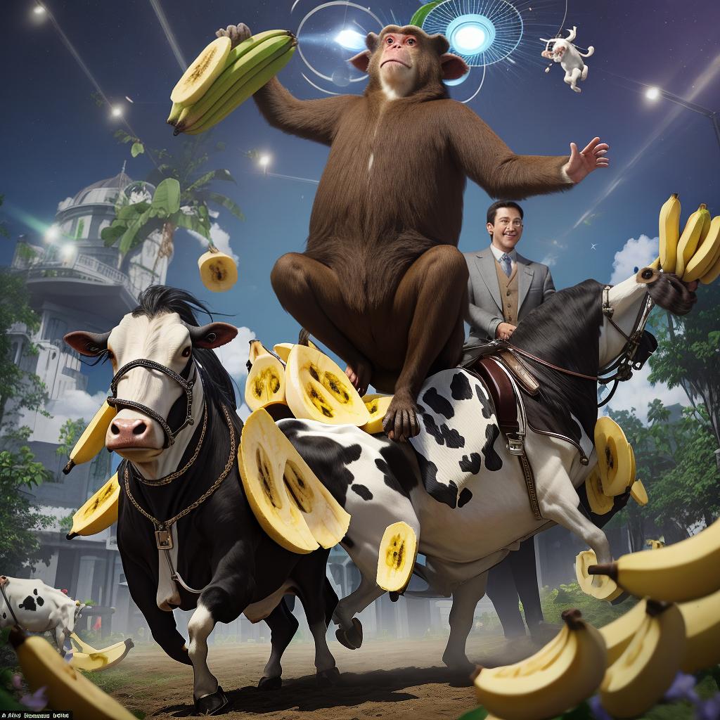  masterpiece, best quality, A ufo beaming a light on a man in a suit riding a cow standing on a pile of bananas. while monkeys are in a circle praising and worshiping the man on the cow