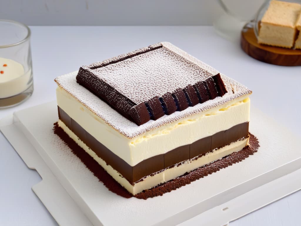  An ultradetailed image of a minimalist, elegant tiramisú dessert served in a transparent glass dish, showcasing the different layers of coffeesoaked ladyfingers, creamy mascarpone cheese, and a dusting of cocoa powder on top. The presentation is precise and immaculate, with a focus on the textures and rich colors of the dessert against a clean, neutral background, emphasizing the authenticity and sophistication of the eggless tiramisú recipe. hyperrealistic, full body, detailed clothing, highly detailed, cinematic lighting, stunningly beautiful, intricate, sharp focus, f/1. 8, 85mm, (centered image composition), (professionally color graded), ((bright soft diffused light)), volumetric fog, trending on instagram, trending on tumblr, HDR 4K, 8K