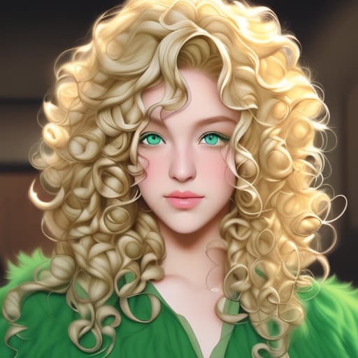  A blond with curly hair with green eyes in a fluffy 