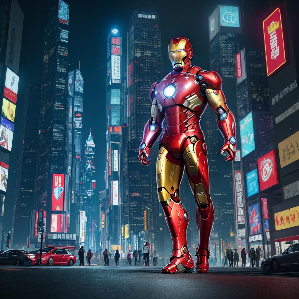  masterpiece, best quality, Best quality, masterpiece, 8k resolution, realistic, highly detailed, close up of Iron Man. In a cyberpunk-style night scene of the city, he stands on a street lined with tall buildings. The city's night lights are bright, The surrounding buildings and streets are filled with cyberpunk elements such as neon lights, high-tech devices, and futuristic architectural designs.