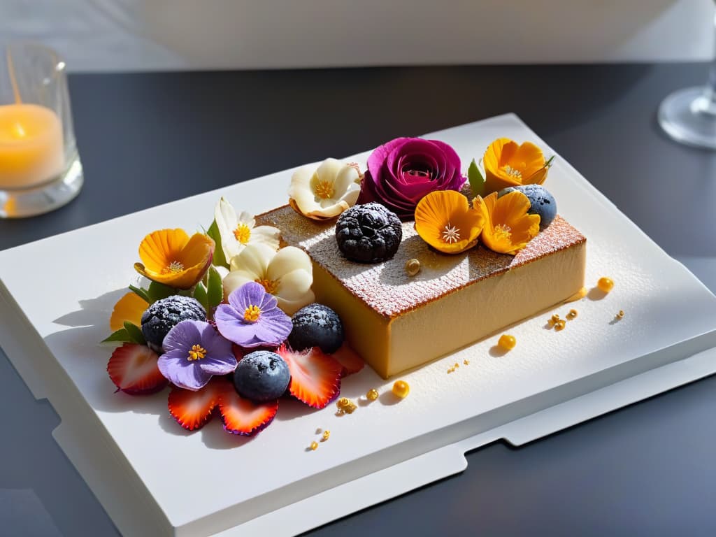  An elegant, minimalistic image showing a beautifully crafted dessert fusion platter on a sleek, modern serving dish. The platter consists of delicate pastries blending traditional and exotic flavors, adorned with edible flowers and gold leaf accents. The presentation is sophisticated, with soft overhead lighting casting gentle shadows, highlighting the intricate details of the desserts. The color palette is muted, focusing on pastel hues to enhance the visual appeal of the fusion creations. hyperrealistic, full body, detailed clothing, highly detailed, cinematic lighting, stunningly beautiful, intricate, sharp focus, f/1. 8, 85mm, (centered image composition), (professionally color graded), ((bright soft diffused light)), volumetric fog, trending on instagram, trending on tumblr, HDR 4K, 8K