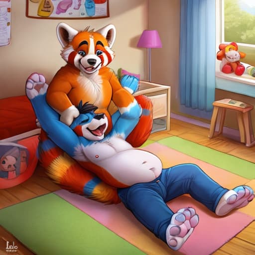  Red panda, incest, cub, young, chubby, , boy, dad, father and son, position, laying on back, visible ia, daycare, toys on ground, plushies, crib, crayons on floor, messy room, detailed background, , , feet up, size difference, cub domination, (small Dom), on top, on , (age difference), eyes closed, happy , by pandapaco, by iztli