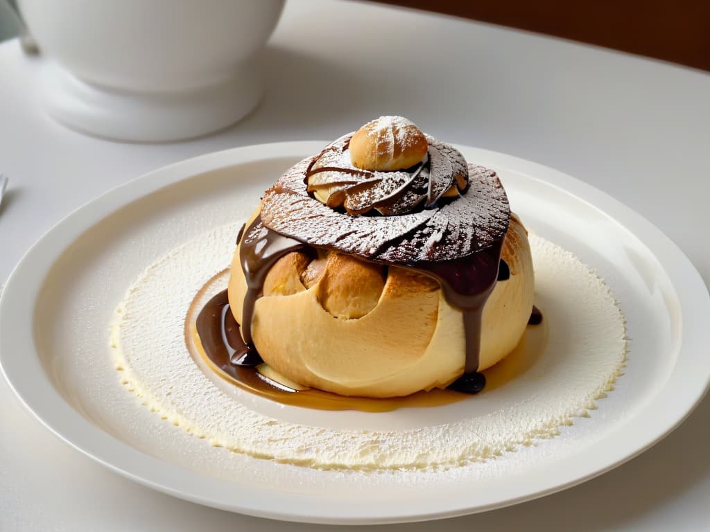  A closeup, ultradetailed image of a single profiterole artfully placed on a sleek, modern white plate. The profiterole is perfectly goldenbrown, with a crisp outer layer and a generous dollop of creamy, light brown filling oozing out of the top. Every delicate ridge and flake of the pastry is visible, showcasing the expert craftsmanship that went into creating this delectable treat. hyperrealistic, full body, detailed clothing, highly detailed, cinematic lighting, stunningly beautiful, intricate, sharp focus, f/1. 8, 85mm, (centered image composition), (professionally color graded), ((bright soft diffused light)), volumetric fog, trending on instagram, trending on tumblr, HDR 4K, 8K