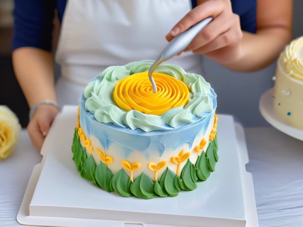  An image of a delicate hand holding a piping bag filled with colorful frosting, gently piping intricate swirls onto a cake with precision and care. The background is a soft focus, emphasizing the detailed decorations being added to the cake. Each stroke of frosting is meticulously placed, showcasing the artistry and skill involved in cake decorating for individuals with fine motor limitations. hyperrealistic, full body, detailed clothing, highly detailed, cinematic lighting, stunningly beautiful, intricate, sharp focus, f/1. 8, 85mm, (centered image composition), (professionally color graded), ((bright soft diffused light)), volumetric fog, trending on instagram, trending on tumblr, HDR 4K, 8K