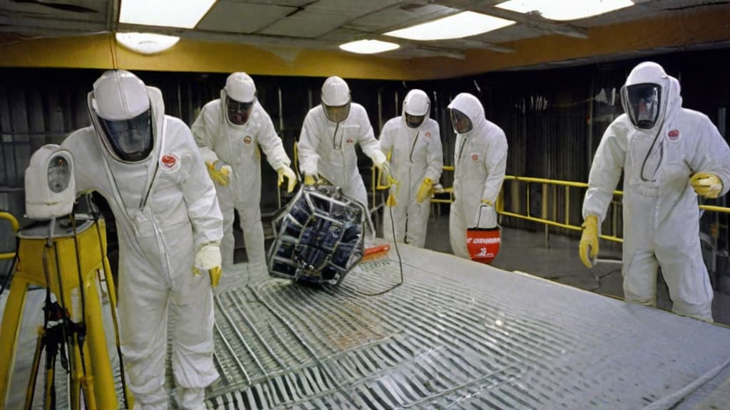  The most complex decontamination mission given to liquidators involved cleaning the roof. of the Chernobyl Power Plant reactor number 4 that had exploded. Several robots were initially deployed for the cleaning mission but all of them malfunctioned due to the high level of radiation. The only solution was to deploy humans, so called bio robots, to manually remove high level radiation. the other of rubbles and debris. There were about 3,750 bio robots operating on that roof. and vests lined with lead to protect them from radiation. Lead pieces were also placed in other areas of their body, like back and back. of the head or the crotch using elastic bands. The liquidators were gathered in the temporary command center. They were given brief in