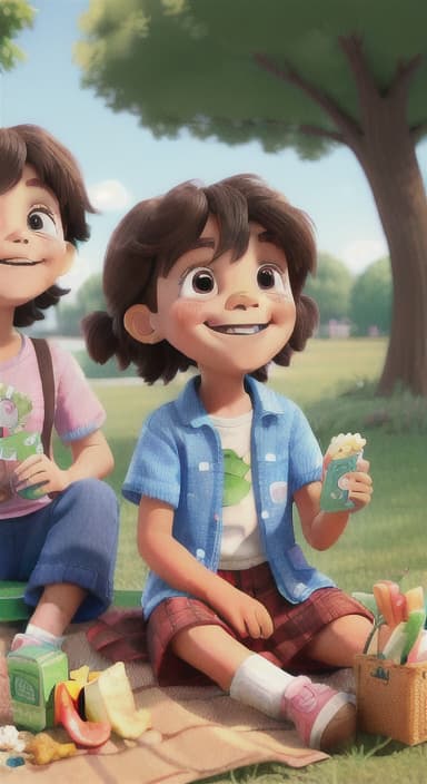  {Kids sitting around a picnic blanket, enjoying juice boxes and snacks., Children happily eating snacks, with crumbs on their faces and big smiles.