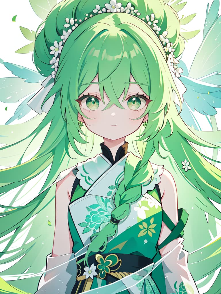  Green hair character left side long & braided character, masterpiece, best quality,8k,ultra detailed,high resolution,an extremely delicate and beautiful,hyper detail