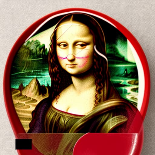  The Mona Lisa holding a white plate of fine dark chocolate candy pieces in red candy cups. Enlarge background. Painted in the style of Leonardo Da Vinci.