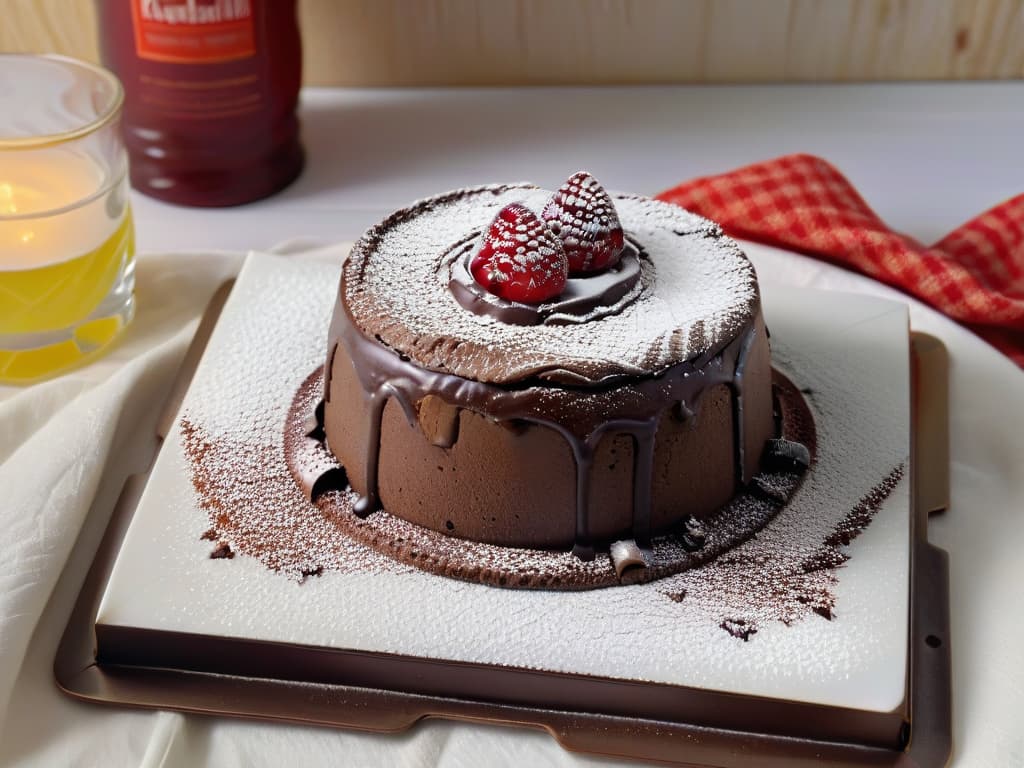  A closeup, ultradetailed image of a perfectly baked glutenfree chocolate lava cake, topped with a dusting of powdered sugar and a few fresh raspberries, set on a sleek, modern ceramic plate with elegant minimalist design. The rich, gooey chocolate center oozes out invitingly, showcasing the indulgent texture and decadent appeal of glutenfree baking at its finest. hyperrealistic, full body, detailed clothing, highly detailed, cinematic lighting, stunningly beautiful, intricate, sharp focus, f/1. 8, 85mm, (centered image composition), (professionally color graded), ((bright soft diffused light)), volumetric fog, trending on instagram, trending on tumblr, HDR 4K, 8K