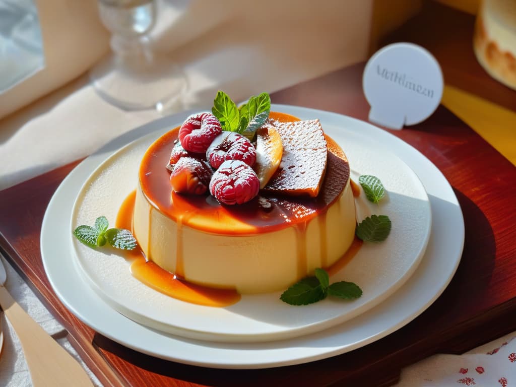  A photorealistic image of a beautifully plated flan parisino, showcasing its smooth caramel topping glistening under warm lighting, with a dollop of freshly whipped cream on the side, garnished with a vibrant red raspberry and a sprig of fresh mint leaves. The flan sits on an elegant ceramic plate with intricate floral patterns, placed on a rustic wooden table with soft, dappled natural light streaming through a nearby window, creating a cozy and inviting atmosphere. hyperrealistic, full body, detailed clothing, highly detailed, cinematic lighting, stunningly beautiful, intricate, sharp focus, f/1. 8, 85mm, (centered image composition), (professionally color graded), ((bright soft diffused light)), volumetric fog, trending on instagram, trending on tumblr, HDR 4K, 8K