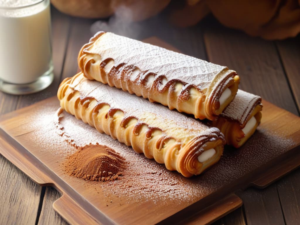  A closeup, photorealistic image of a golden, crispy churro split in half to reveal a decadent filling oozing out, surrounded by a dusting of powdered sugar and a sprinkle of cinnamon. The churro is placed on a rustic wooden table with a soft, warm light casting a slight shadow, highlighting the texture of the crispy exterior and the creamy filling inside. hyperrealistic, full body, detailed clothing, highly detailed, cinematic lighting, stunningly beautiful, intricate, sharp focus, f/1. 8, 85mm, (centered image composition), (professionally color graded), ((bright soft diffused light)), volumetric fog, trending on instagram, trending on tumblr, HDR 4K, 8K