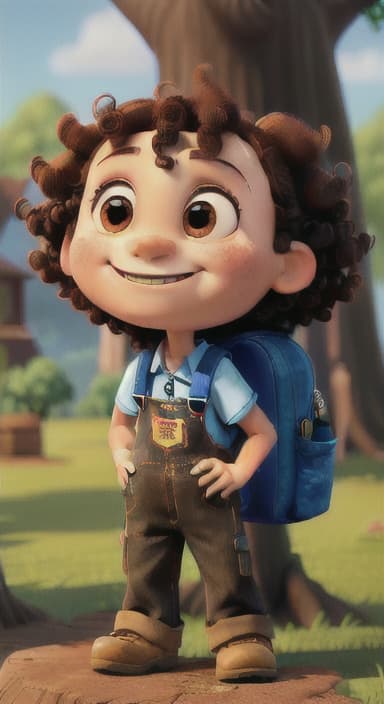  {The tree with a smiling face formed by its bark, looking down at Riley., Riley, a curious with big brown eyes and curly hair, wearing overalls and carrying a small backpack. Their friend, Skye, a bluebird with shiny feathers.