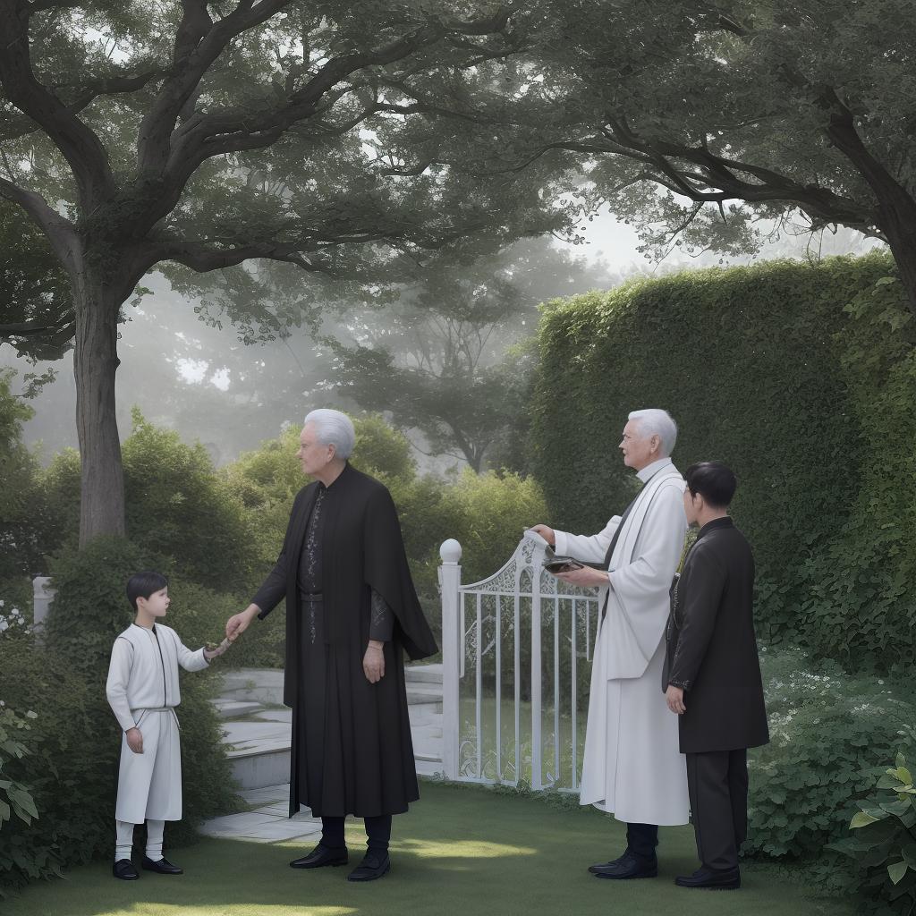  masterpiece, best quality, In a mesmerizing tableau, a black and white dotwork tattoo graces the weathered back of an elderly man, while his young son stands beside him, their figures silhouetted against the verdant expanse of a garden. The son clutches a soccer ball in his tiny hand, a symbol of their shared love for the sport. Surrounded by lush bushes and towering trees, the garden serves as a tranquil setting, imbued with a sense of serenity and natural beauty. The atmosphere is filled with nostalgia and warmth, as the bond between father and son radiates from the image. The style of this prompt resembles a delicate, ethereal painting, with intricate details and soft brushstrokes creating a dreamlike quality. Soft, diffused lighting bat