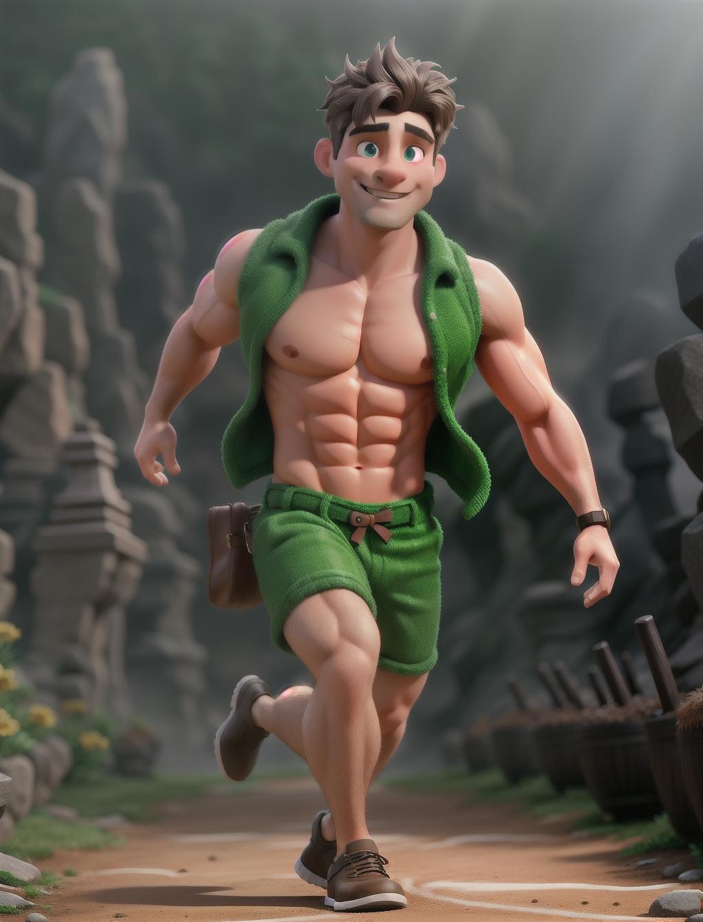  shirtless man running with leprechauns hyperrealistic, full body, detailed clothing, highly detailed, cinematic lighting, stunningly beautiful, intricate, sharp focus, f/1. 8, 85mm, (centered image composition), (professionally color graded), ((bright soft diffused light)), volumetric fog, trending on instagram, trending on tumblr, HDR 4K, 8K