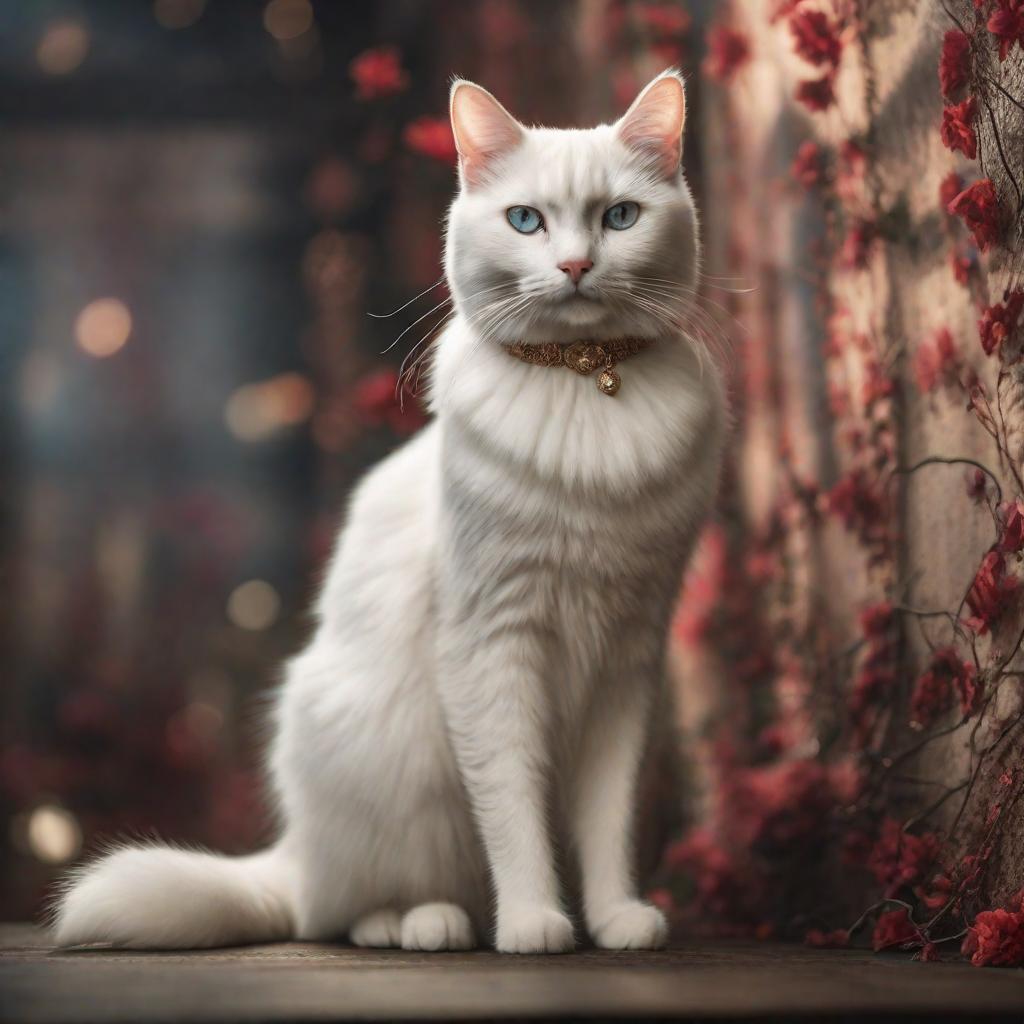  A white cat wearing frock and standing hyperrealistic, full body, detailed clothing, highly detailed, cinematic lighting, stunningly beautiful, intricate, sharp focus, f/1. 8, 85mm, (centered image composition), (professionally color graded), ((bright soft diffused light)), volumetric fog, trending on instagram, trending on tumblr, HDR 4K, 8K