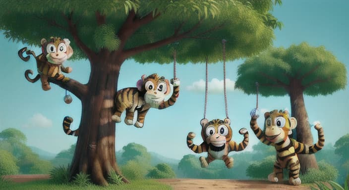  {Tiger, elephant, and monkey swinging from tree to tree., The monkey is mischievous with a twinkle in his eye. He loves to climb and swing through the trees.