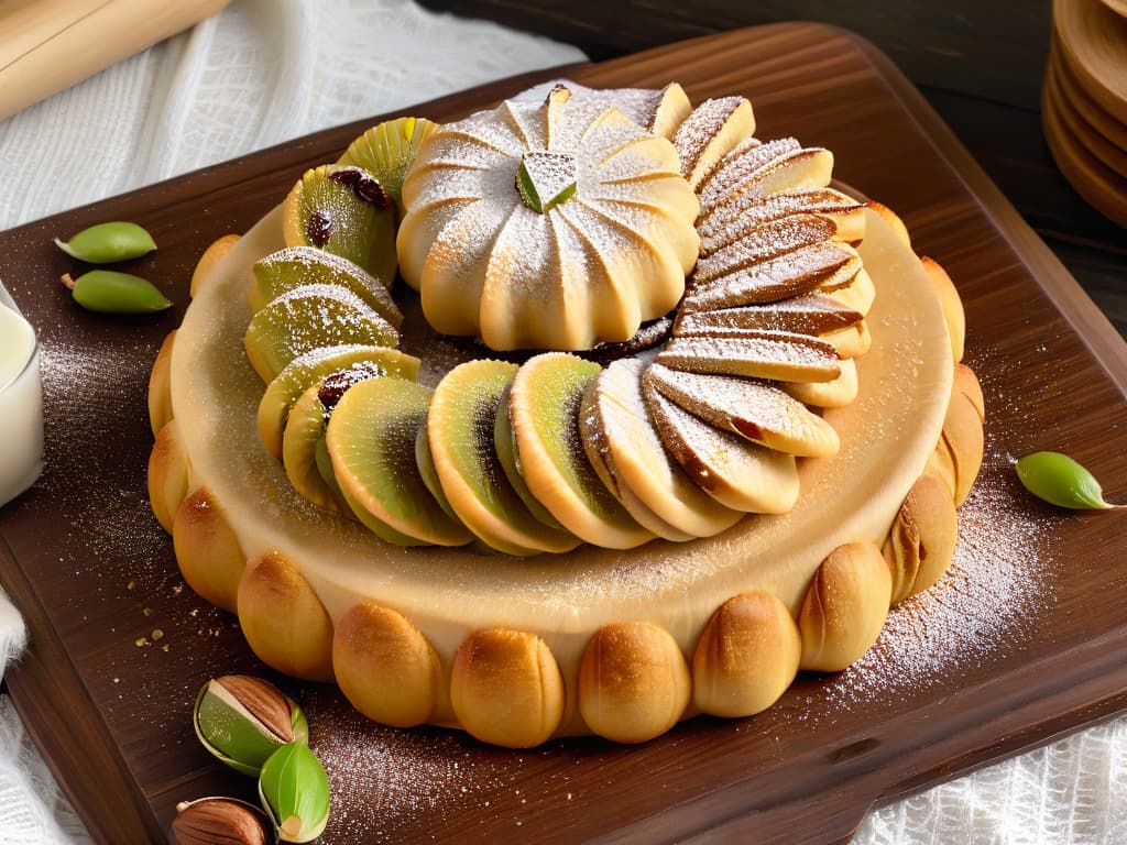  A closeup, ultradetailed image of freshly baked Maamoul cookies arranged beautifully on a rustic wooden platter, showcasing the intricate designs and delicate textures of these traditional Middle Eastern treats. Each cookie is filled with either dates, pistachios, or walnuts, and is dusted with a light sprinkle of powdered sugar, highlighting the craftsmanship and rich flavors of this beloved dessert. The warm golden hues of the cookies contrast beautifully with the dark, textured wood underneath, creating a visually striking and mouthwatering scene that perfectly complements the article's focus on Maamoul's blend of tradition and taste. hyperrealistic, full body, detailed clothing, highly detailed, cinematic lighting, stunningly beautiful, intricate, sharp focus, f/1. 8, 85mm, (centered image composition), (professionally color graded), ((bright soft diffused light)), volumetric fog, trending on instagram, trending on tumblr, HDR 4K, 8K