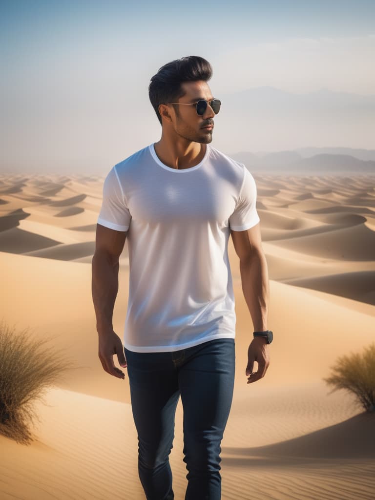  Half body portrait,Young Asian Male Tourist wear solid white casual short sleeve t shirt, walking in desert, cinematic lighting, stunningly beautiful, intricate, sharp focus, f/1. 8, 85mm, (professionally color graded), ((bright soft diffused light)), volumetric fog, trending on instagram, trending on tumblr, HDR 4K, 8K hyperrealistic, full body, detailed clothing, highly detailed, cinematic lighting, stunningly beautiful, intricate, sharp focus, f/1. 8, 85mm, (centered image composition), (professionally color graded), ((bright soft diffused light)), volumetric fog, trending on instagram, trending on tumblr, HDR 4K, 8K