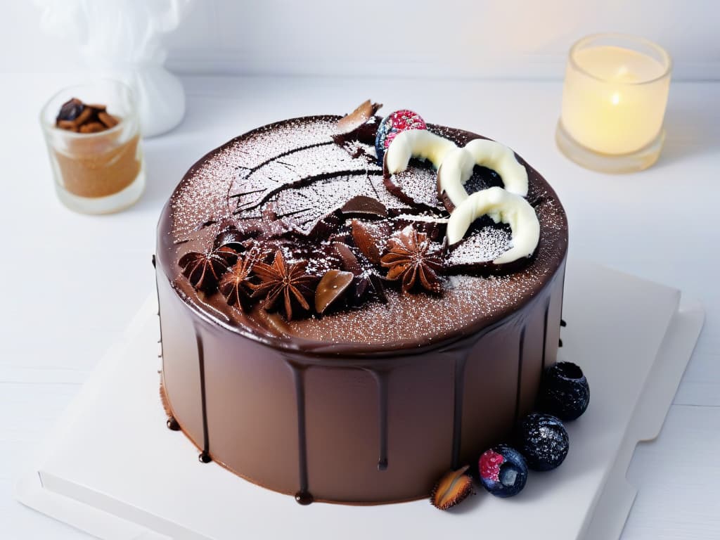  A closeup, ultradetailed image of a glossy, decadent chocolate cake with intricate chocolate shavings on top, set against a stark white background to highlight the richness and complexity of the dessert. hyperrealistic, full body, detailed clothing, highly detailed, cinematic lighting, stunningly beautiful, intricate, sharp focus, f/1. 8, 85mm, (centered image composition), (professionally color graded), ((bright soft diffused light)), volumetric fog, trending on instagram, trending on tumblr, HDR 4K, 8K