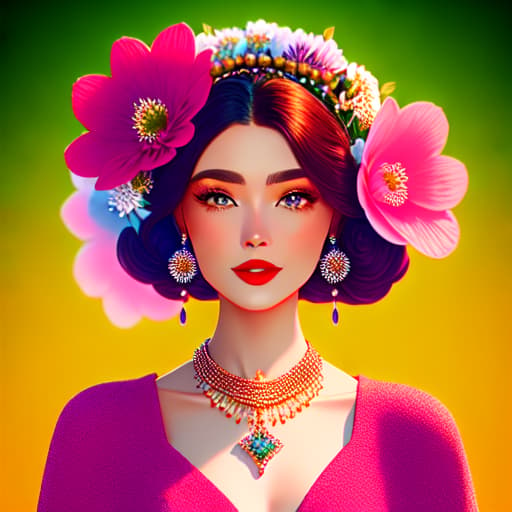 in OliDisco style Woman with a necklace and flowers on her head