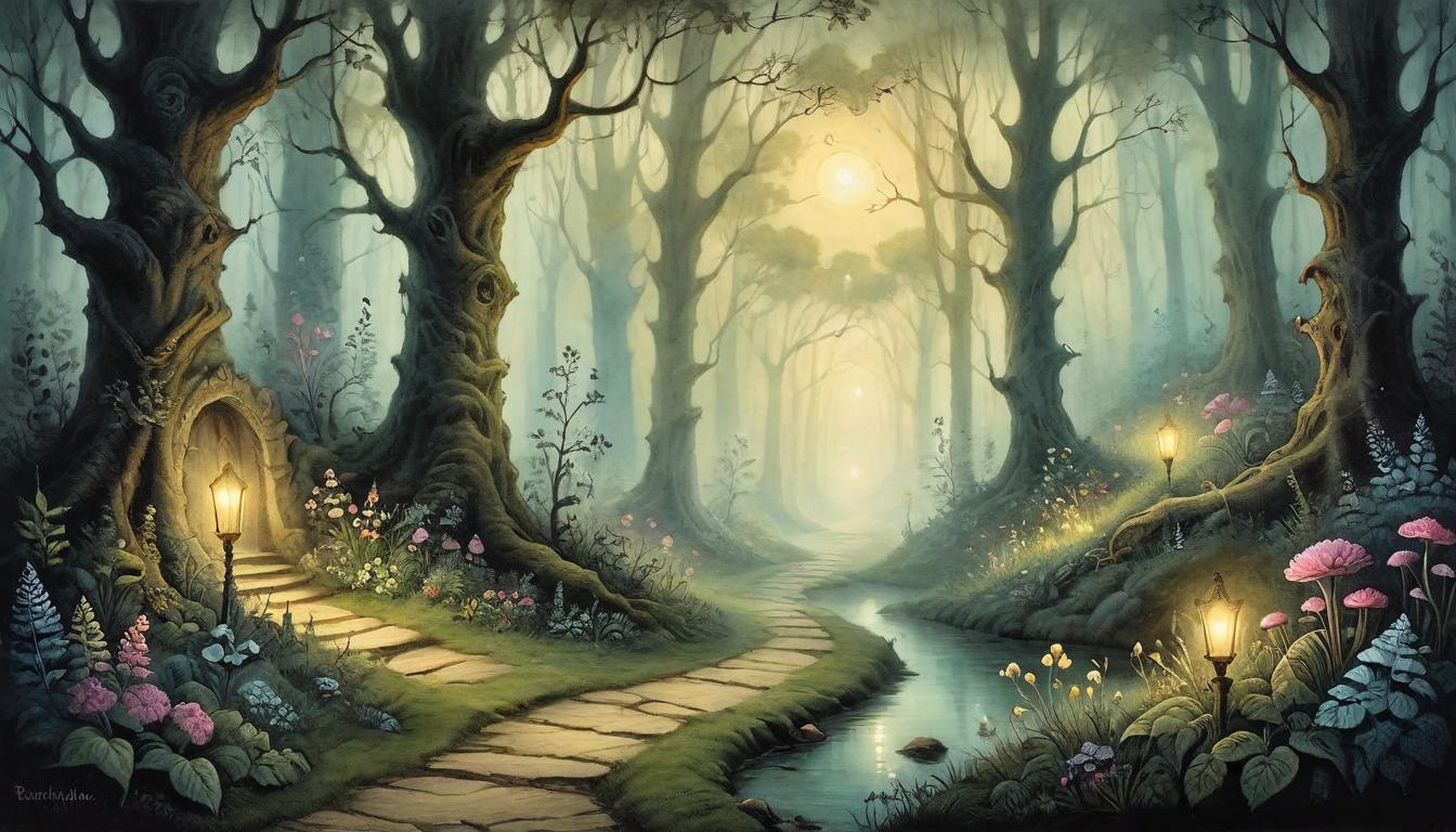  on parchment, surrealism+++, An enchanted forest pathway, edges glowing with a soft, bewitching light, inviting yet misleading, contrast of allure and genuineness, serenity amidst deception(mysterious, provocative, symbolic,muted color)+++