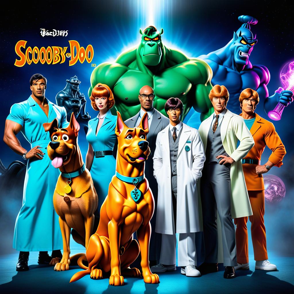  manga style a poster with the characters of Scooby Doo, in the middle stands an evil scientist . vibrant, high energy, detailed, iconic, Japanese comic style hyperrealistic, full body, detailed clothing, highly detailed, cinematic lighting, stunningly beautiful, intricate, sharp focus, f/1. 8, 85mm, (centered image composition), (professionally color graded), ((bright soft diffused light)), volumetric fog, trending on instagram, trending on tumblr, HDR 4K, 8K