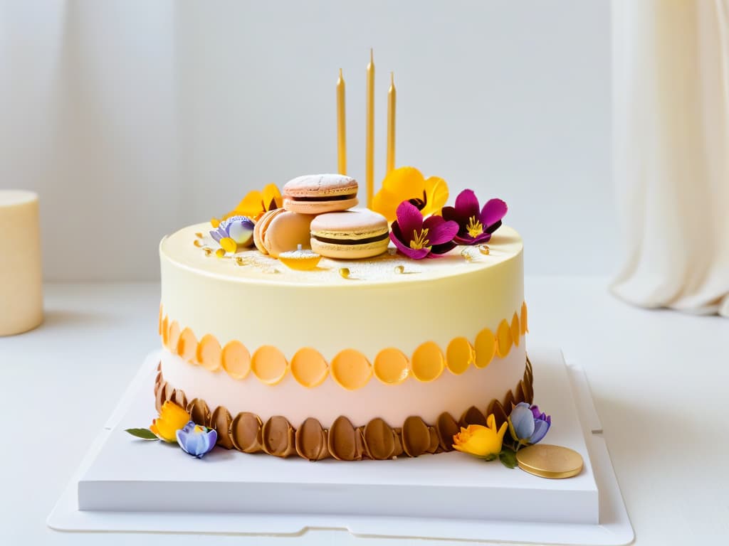  An intricately designed multilayered cake showcasing a fusion of different cultural dessert elements such as macarons, baklava, and churros, topped with edible flowers and gold leaf accents, set against a simple, elegant white background to highlight the intricate details and vibrant colors of the dessert. hyperrealistic, full body, detailed clothing, highly detailed, cinematic lighting, stunningly beautiful, intricate, sharp focus, f/1. 8, 85mm, (centered image composition), (professionally color graded), ((bright soft diffused light)), volumetric fog, trending on instagram, trending on tumblr, HDR 4K, 8K