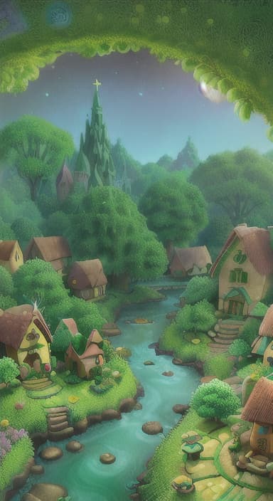  {A lush green forest with towering ancient trees, colorful flowers, and a sparkling river flowing through. In the middle is a small, whimsical village of cozy, round houses., Dwarves are short, with bushy beards and rosy cheeks. They wear colorful tunics, pointy hats, and sturdy boots. They have twinkling eyes and joyful smiles.