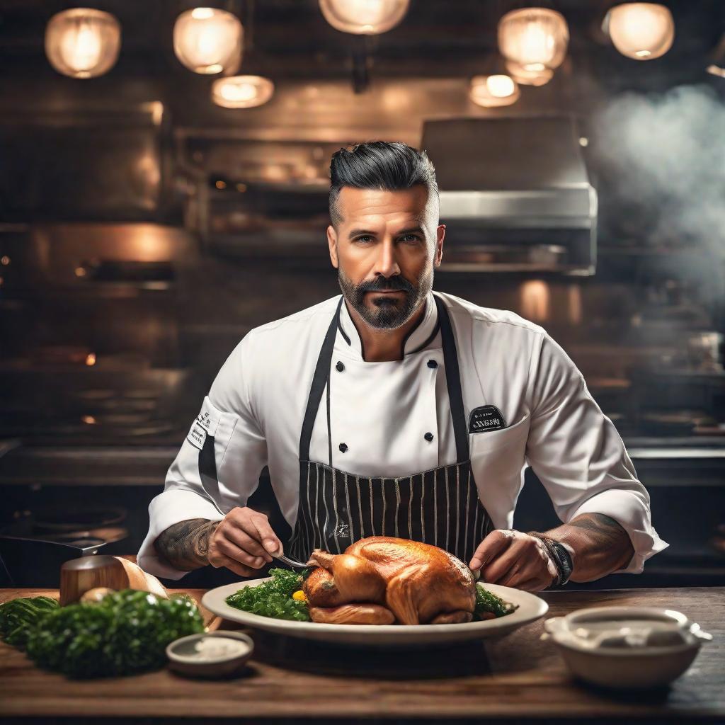  Chef bistro hyperrealistic, full body, detailed clothing, highly detailed, cinematic lighting, stunningly beautiful, intricate, sharp focus, f/1. 8, 85mm, (centered image composition), (professionally color graded), ((bright soft diffused light)), volumetric fog, trending on instagram, trending on tumblr, HDR 4K, 8K