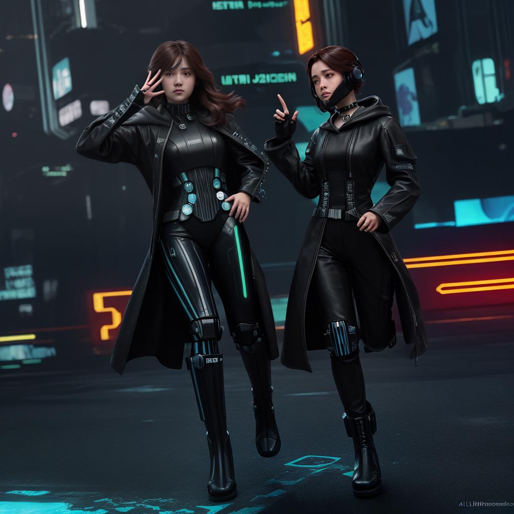  masterpiece, best quality, Laya from star wars djingfemale,8k resolution,cyberpunk,dancing ,pupils sparkling, face,brown hair,long hair,hair rings,metal collar, lift,hooded cloak,japanses clothes,black leggings,striped,(leather boots:1.1),hand on headphones,finger gun,salute,middle_finger,night,meteor shower,over the sea,rebecca (cyberpunk),ilration,Cinematic Lighting,Volumetric Lighting,((alphonse mucha)),((futurism))