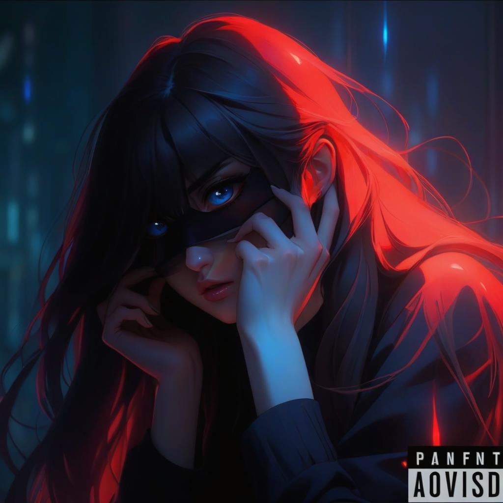  anime artwork a woman with long hair covering her face, vektroid album cover, blue and red glowing lights, phonk album cover, very sad face, the anime girl is crouching, shadows screaming, pokimane, ((dark fantasy)), red banners, grime . anime style, key visual, vibrant, studio anime, highly detailed hyperrealistic, full body, detailed clothing, highly detailed, cinematic lighting, stunningly beautiful, intricate, sharp focus, f/1. 8, 85mm, (centered image composition), (professionally color graded), ((bright soft diffused light)), volumetric fog, trending on instagram, trending on tumblr, HDR 4K, 8K