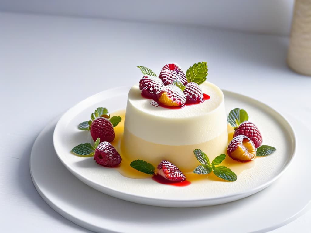  A closeup, ultradetailed image of a perfectly set vegan panna cotta made with agar agar, showcasing a smooth, creamy texture with a subtle jiggle. The dessert is elegantly garnished with a vibrant raspberry coulis swirl and delicate mint leaves, all presented on a sleek, modern white plate against a soft, blurred backdrop to enhance the minimalistic aesthetic. hyperrealistic, full body, detailed clothing, highly detailed, cinematic lighting, stunningly beautiful, intricate, sharp focus, f/1. 8, 85mm, (centered image composition), (professionally color graded), ((bright soft diffused light)), volumetric fog, trending on instagram, trending on tumblr, HDR 4K, 8K