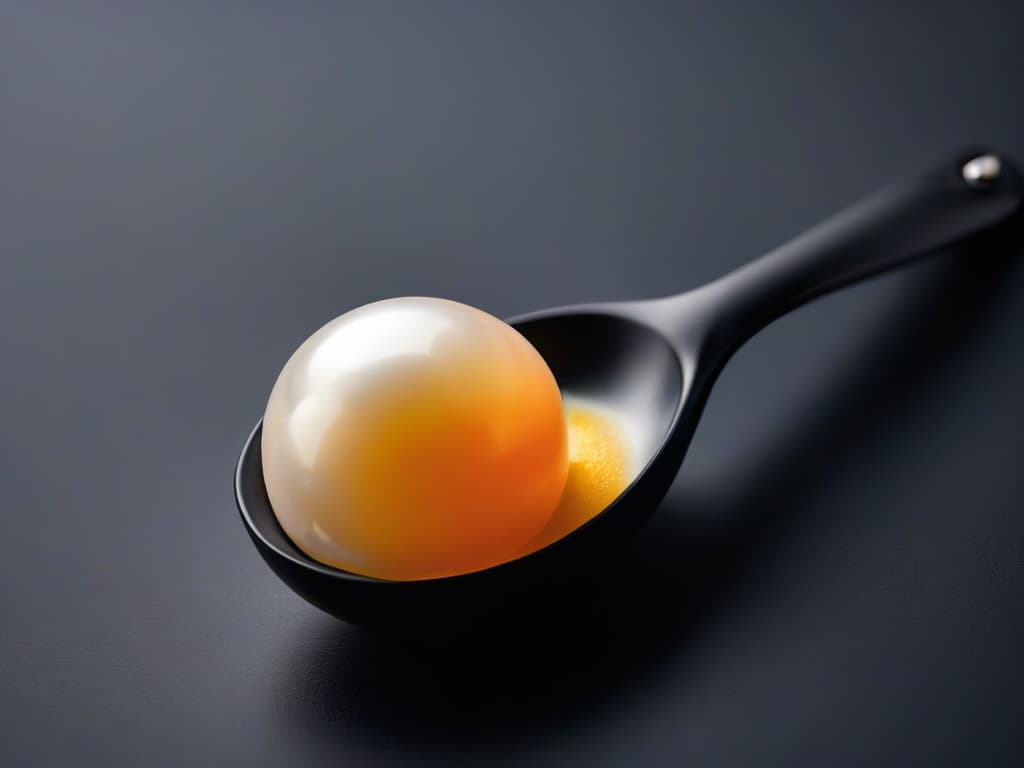  A closeup, ultradetailed image of a single spherified pearl of mango flavor resting on a sleek, matte black ceramic spoon. The pearl glistens under a soft, focused light, showcasing its perfectly round shape and translucent exterior. The background is blurred to emphasize the minimalistic elegance of the composition, allowing the vibrant orange hue of the pearl to pop against the dark backdrop. The texture and shine of the pearl are so detailed that each tiny droplet of liquid inside the pearl is visible, inviting the viewer to marvel at the precision and artistry of molecular gastronomy. hyperrealistic, full body, detailed clothing, highly detailed, cinematic lighting, stunningly beautiful, intricate, sharp focus, f/1. 8, 85mm, (centered image composition), (professionally color graded), ((bright soft diffused light)), volumetric fog, trending on instagram, trending on tumblr, HDR 4K, 8K