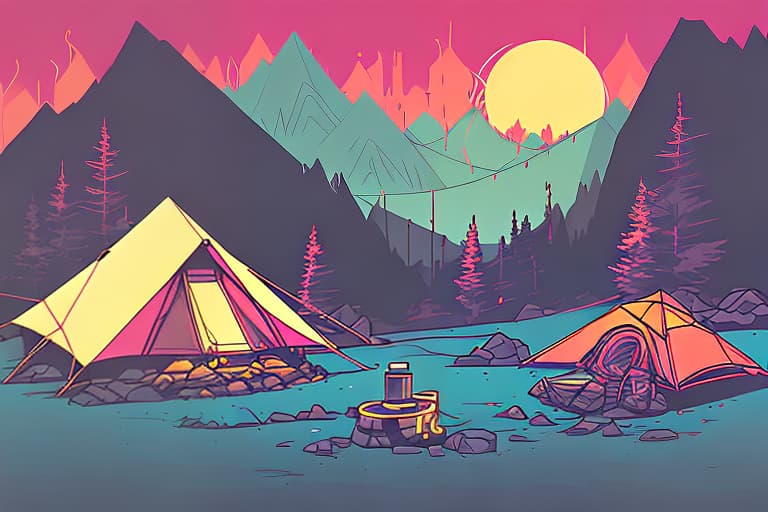 nvinkpunk Whimsical mountains with trees, camping tent and fire