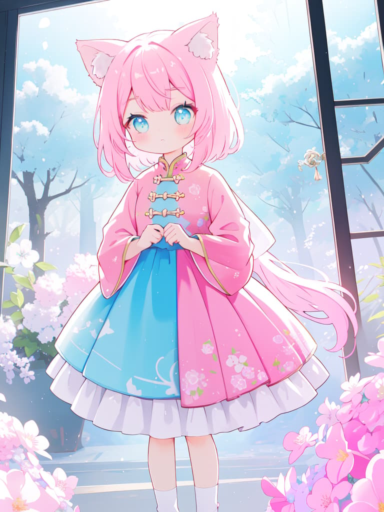  Cat ears, pink hair, china clothing, eye color blue, alone, bob hair, cute, face up, masterpiece, best quality,8k,ultra detailed,high resolution,an extremely delicate and beautiful,hyper detail hyperrealistic, full body, detailed clothing, highly detailed, cinematic lighting, stunningly beautiful, intricate, sharp focus, f/1. 8, 85mm, (centered image composition), (professionally color graded), ((bright soft diffused light)), volumetric fog, trending on instagram, trending on tumblr, HDR 4K, 8K