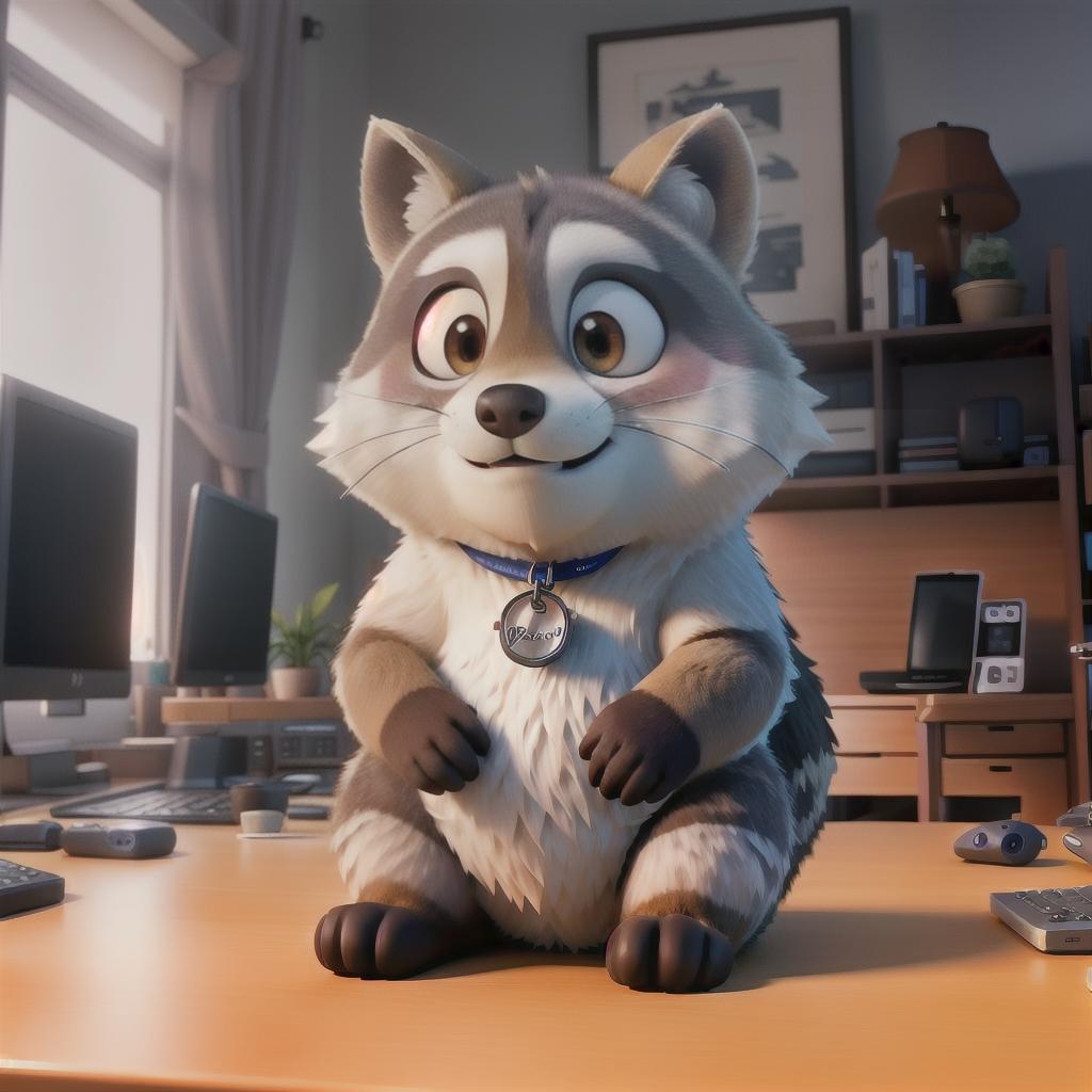  raccoon sitting in gaming chair front a computer on desktop, ((semi anthropomorphic)),(full body), tail, belly, sitting, fat, (chubby), (((white background))), solo, desktop, gaming chair, side view,  [[[clothes]]] hyperrealistic, full body, detailed clothing, highly detailed, cinematic lighting, stunningly beautiful, intricate, sharp focus, f/1. 8, 85mm, (centered image composition), (professionally color graded), ((bright soft diffused light)), volumetric fog, trending on instagram, trending on tumblr, HDR 4K, 8K