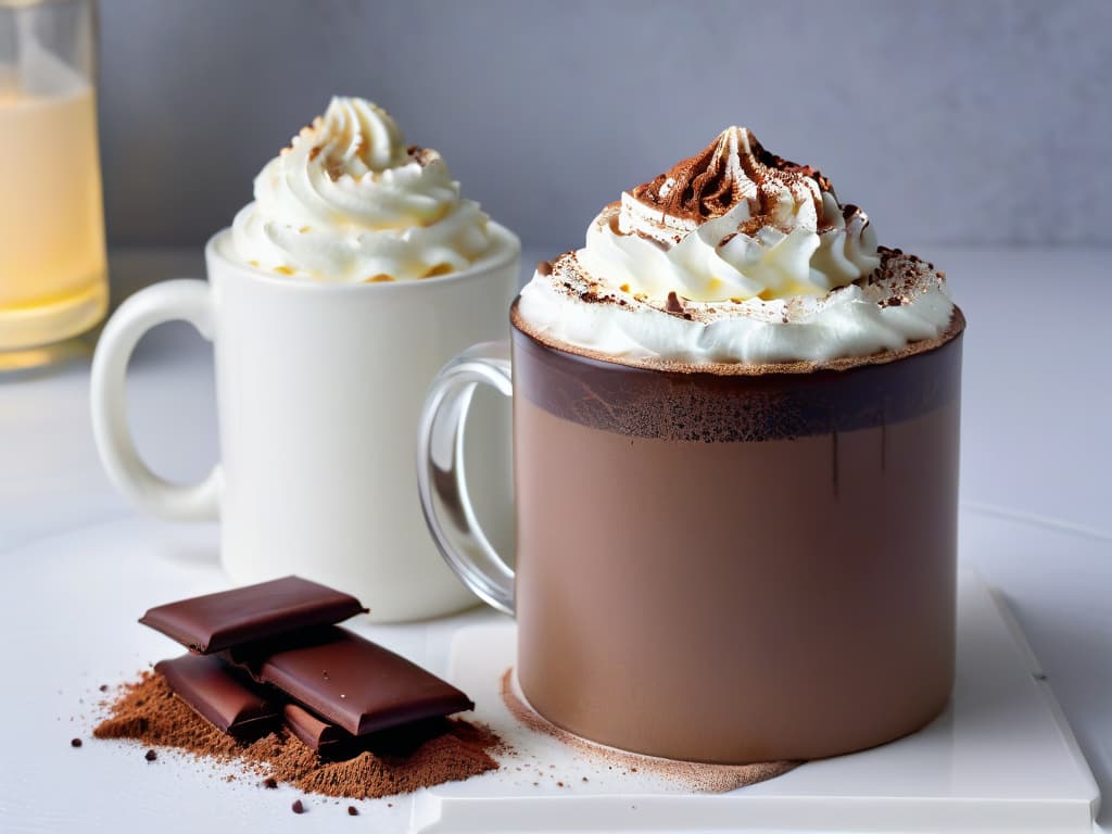  An ultradetailed image of a steaming mug of thick and creamy hot chocolate, topped with a perfectly frothed layer of whipped cream and a sprinkle of cocoa powder, set against a stark white background to emphasize its luxurious simplicity. The rich, velvety texture of the chocolate contrasts beautifully with the pristine whiteness surrounding it, evoking a sense of indulgence and warmth that perfectly complements the article's tone and content. hyperrealistic, full body, detailed clothing, highly detailed, cinematic lighting, stunningly beautiful, intricate, sharp focus, f/1. 8, 85mm, (centered image composition), (professionally color graded), ((bright soft diffused light)), volumetric fog, trending on instagram, trending on tumblr, HDR 4K, 8K