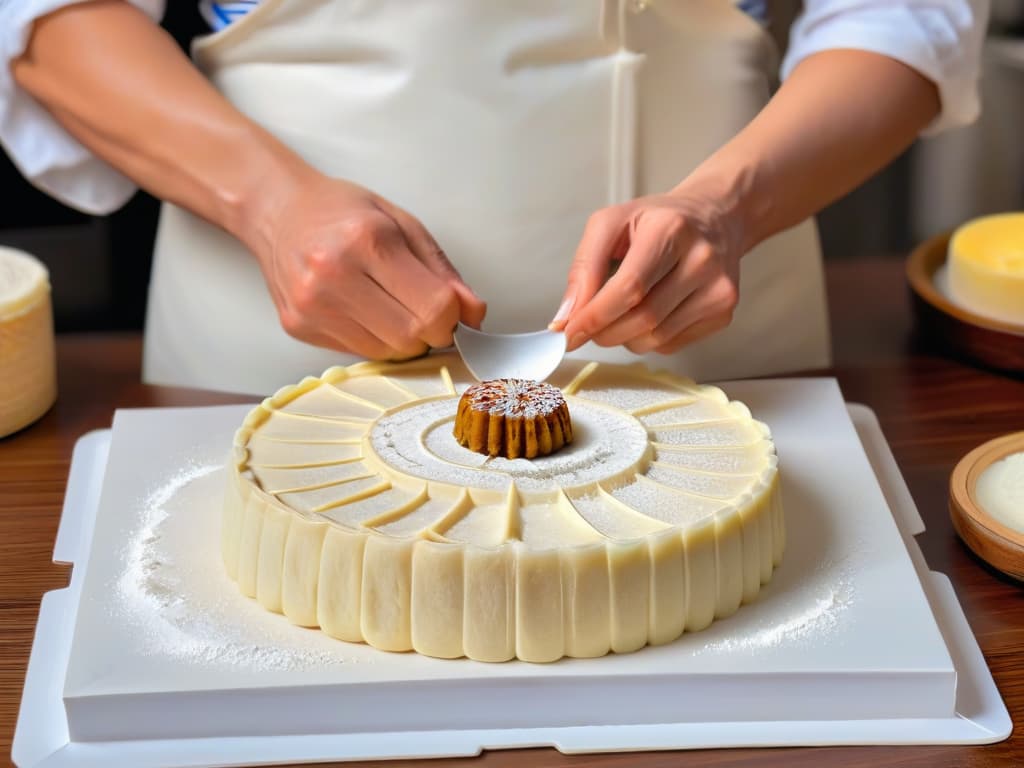  A serene, minimalistic image of a pair of expert hands meticulously shaping traditional Chinese mooncake dough, dusted with a light sprinkle of flour, on a sleek marble countertop. The hands belong to a skilled artisan, showcasing the intricate process with focused precision, capturing the essence of tradition and expertise in crafting these delectable treats. hyperrealistic, full body, detailed clothing, highly detailed, cinematic lighting, stunningly beautiful, intricate, sharp focus, f/1. 8, 85mm, (centered image composition), (professionally color graded), ((bright soft diffused light)), volumetric fog, trending on instagram, trending on tumblr, HDR 4K, 8K